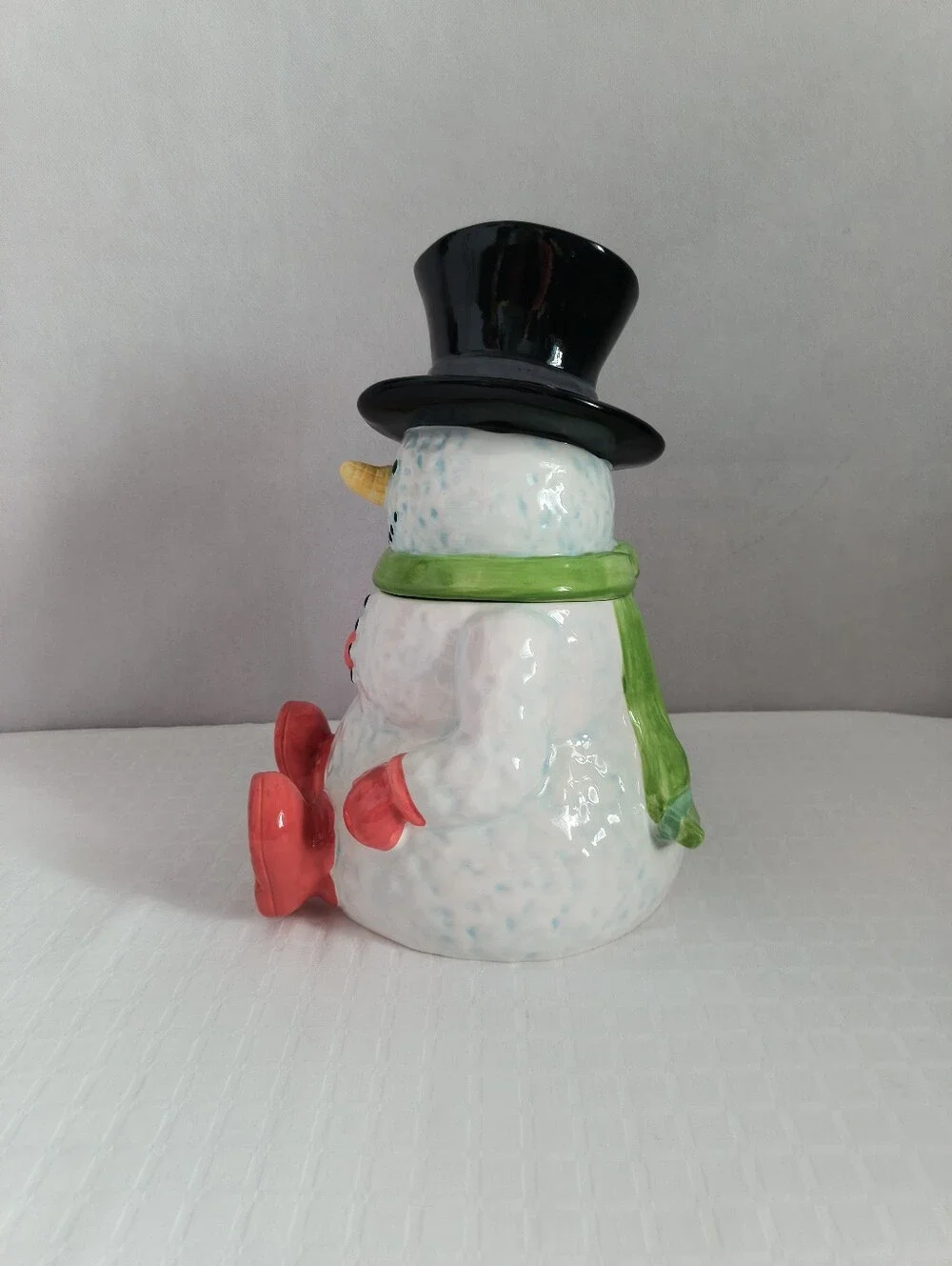 Festive Ceramic Snowman Cookie Jar With Black Top Hat and Green Scarf